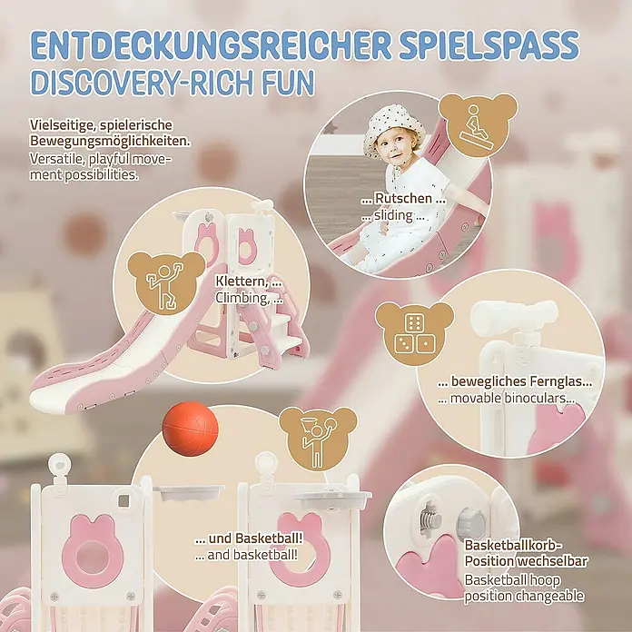 ECD Germany Rutsche Spielgerüst für Kinder ab 3 Jahren, Weiß-Rosa, Indoor&Outdoor Rutsche - B x L: 91 x 162 cm, Kunststoff, Weiß, Rosa