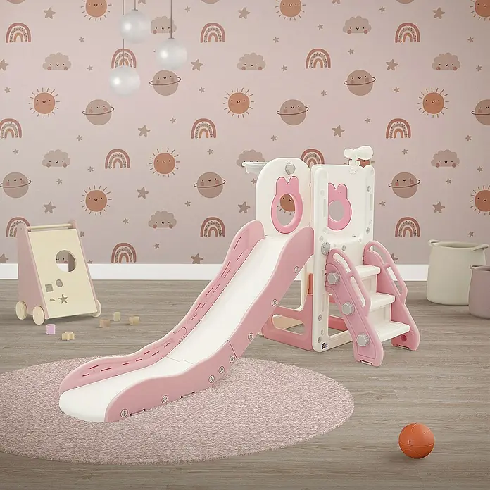 ECD Germany Rutsche Spielgerüst für Kinder ab 3 Jahren, Weiß-Rosa, Indoor&Outdoor Rutsche - B x L: 91 x 162 cm, Kunststoff, Weiß, Rosa