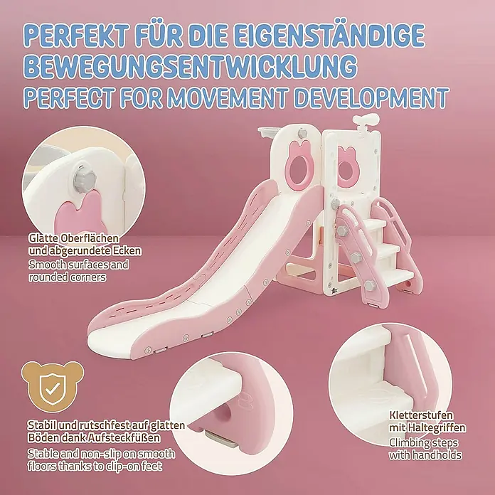 ECD Germany Rutsche Spielgerüst für Kinder ab 3 Jahren, Weiß-Rosa, Indoor&Outdoor Rutsche - B x L: 91 x 162 cm, Kunststoff, Weiß, Rosa