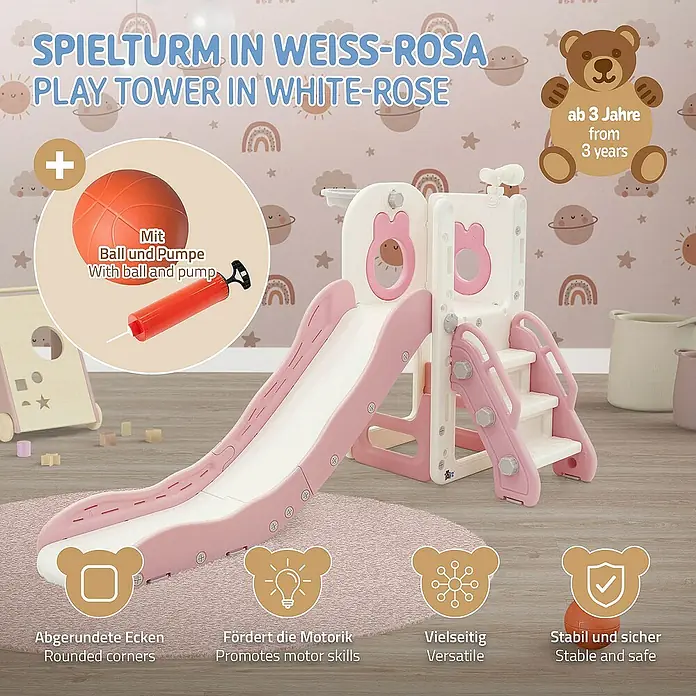 ECD Germany Rutsche Spielgerüst für Kinder ab 3 Jahren, Weiß-Rosa, Indoor&Outdoor Rutsche - B x L: 91 x 162 cm, Kunststoff, Weiß, Rosa