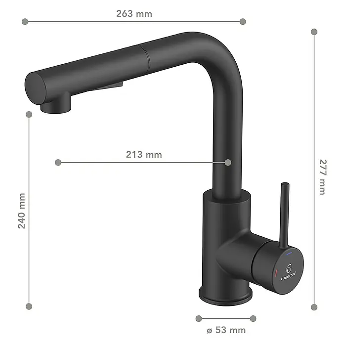 Camargue Spültischarmatur Montreal - Höhe: 277 mm, Schwarz, Matt - Detailaufnahme einer schwarzen Küchenarmatur mit Maßangaben für Höhe, Ausladung und Durchmesser.
