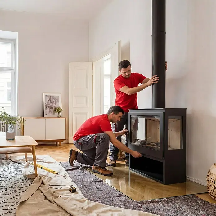Kleining Liefer- & Aufbauservice für Kaminöfen - Passend für: Kaminöfen der Marke Kleining, Firefix, LaNordica, FreePoint, Pegaso - Zwei Handwerker installieren einen modernen schwarzen Kaminofen in einem hellen Wohnraum mit Holzboden und weißen Wänden.