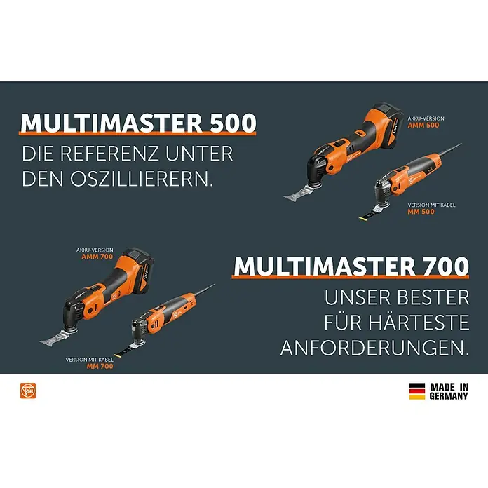Fein AMPShare 18V Akku-Multifunktionswerkzeug MultiMaster AMM700 Max Top AS - 18 V, Ohne Akku, Leerlaufschwingzahl: 10.000 /min - 19.500 /min - Produktabbildung der Multimaster 500 und 700 Modelle, die beste oszillierende Werkzeuge für härteste Anforderungen darstellen.