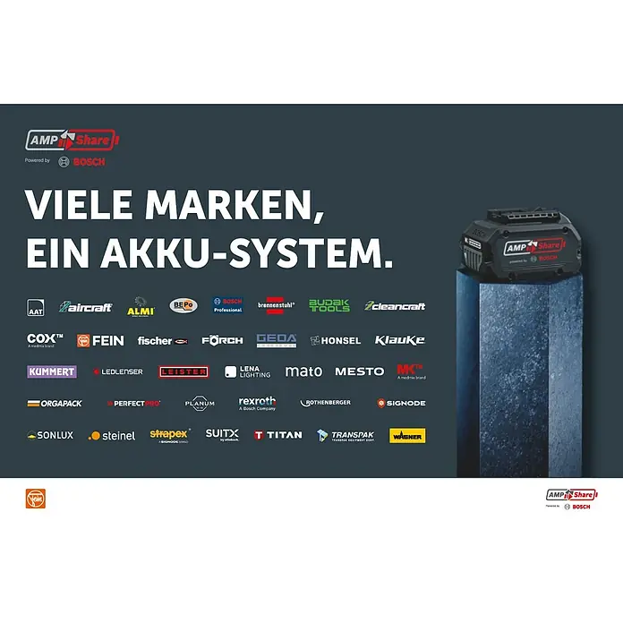 Fein AMPShare 18V Akku-Multifunktionswerkzeug MultiMaster AMM700 Max Top AS - 18 V, Ohne Akku, Leerlaufschwingzahl: 10.000 /min - 19.500 /min - Das Bild zeigt ein AMP Share Akku-System von Bosch, das mit vielen verschiedenen Marken kompatibel ist, dargestellt durch Logos.