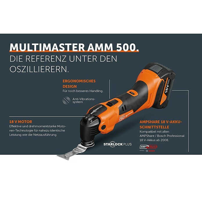 Fein AMPShare 18V Multiherramienta de batería AMM 500 Plus (18 V, 2 baterías, 2 Ah, Número de oscilaciones marcha en vacío: 11.000 /min - 18.500 /min) | BAUHAUS
