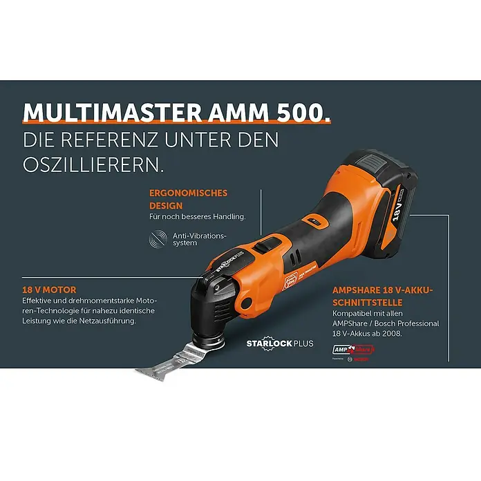 Fein AMPShare 18V Akku-Multifunktionswerkzeug MultiMaster AMM500 Plus Top AS - 18 V, Ohne Akku, Leerlaufschwingzahl: 11.000 /min - 18.500 /min - Fein Multimaster AMM 500 mit ergonomischem Design und 18V Motor für effektives Arbeiten.