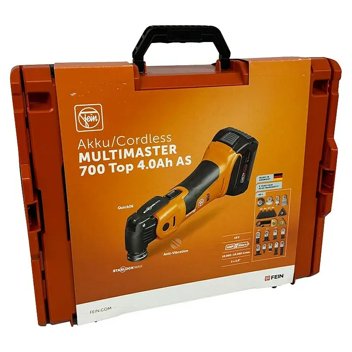 Fein AMPShare 18V Akku-Multifunktionswerkzeug MultiMaster AMM700 Max Top 4AH AS - 18 V, 2 Akkus, 4 Ah, Leerlaufschwingzahl: 10.000 /min - 19.500 /min - Fein Akku-Multimaster 700 Top 4.0Ah AS im orangefarbenen Koffer.