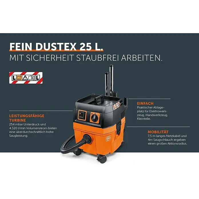 Fein Elektro-Nass- & Trockensauger Dustex 25 l - 1.200 W, Behältervolumen: 22 l - Das Bild zeigt einen FEIN DUSTEX 25 L Staubsauger in Orange und Schwarz, der für staubfreies Arbeiten mit hoher Saugleistung entwickelt wurde.
