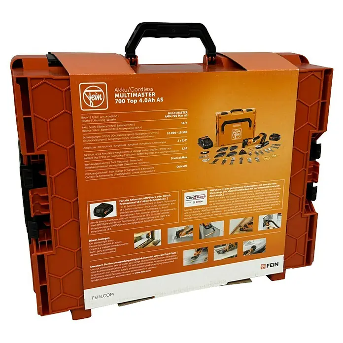 Fein AMPShare 18V Akku-Multifunktionswerkzeug MultiMaster AMM700 Max Top 4AH AS - 18 V, 2 Akkus, 4 Ah, Leerlaufschwingzahl: 10.000 /min - 19.500 /min - Fein Akku/Cordless Multimaster 700 Top 4.0Ah AS, ein vielseitiges Akku-Werkzeugsystem für Profis, mit umfangreichem Zubehör im Koffer.
