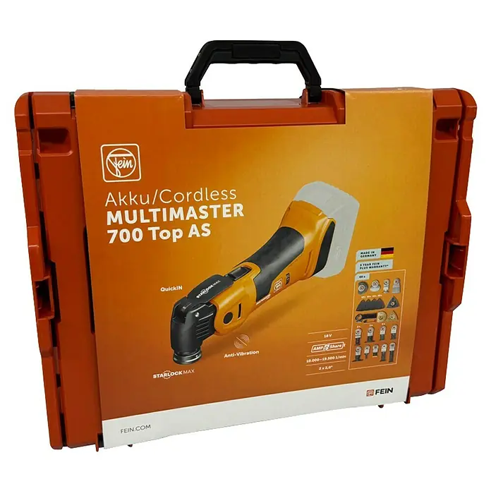 Fein AMPShare 18V Akku-Multifunktionswerkzeug MultiMaster AMM700 Max Top AS - 18 V, Ohne Akku, Leerlaufschwingzahl: 10.000 /min - 19.500 /min - Das Bild zeigt einen Fein Akku/Cordless Multimaster 700 Top AS in einer orangefarbenen Werkzeugkiste.