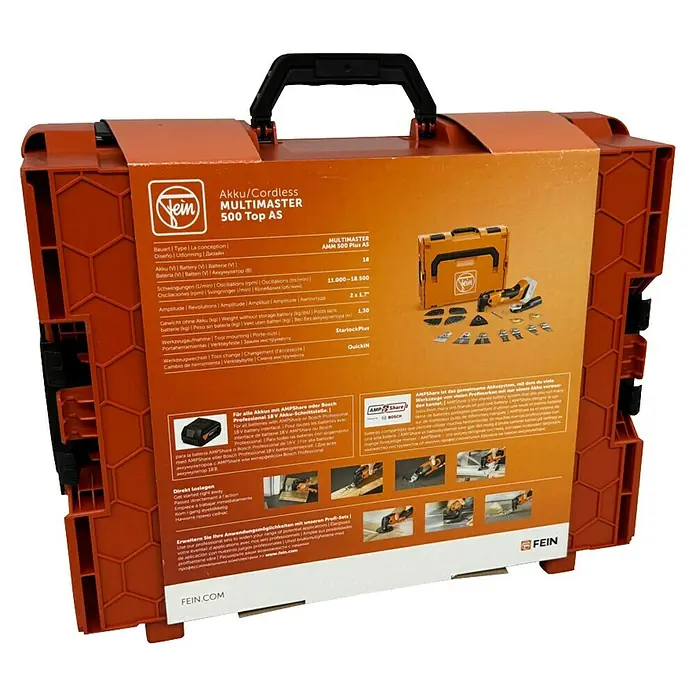 Fein AMPShare 18V Akku-Multifunktionswerkzeug MultiMaster AMM500 Plus Top AS - 18 V, Ohne Akku, Leerlaufschwingzahl: 11.000 /min - 18.500 /min - FEIN Akku/Cordless Multimaster 500 Top AS im orangefarbenen Werkzeugkoffer mit Zubehör. Leistungsstark und vielseitig für Profis.