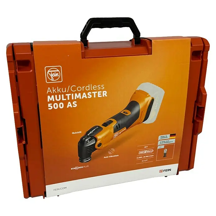 Fein AMPShare 18V Multiherramienta de batería AMM 500 Plus AS - 18 V, Sin batería, Número de oscilaciones marcha en vacío: 11.000 /min - 18.500 /min - FEIN Akku/Cordless Multimaster 500 AS en un estuche de herramientas, una herramienta eléctrica versátil y potente para profesionales y aficionados al bricolaje.