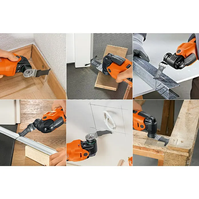 Fein Zubehör-Set Best of E-Cut Starlock Wood & Metal - 6 -tlg. - Multifunktionswerkzeug in Aktion: Das Oszillationswerkzeug wird zum Schneiden verschiedener Materialien eingesetzt.