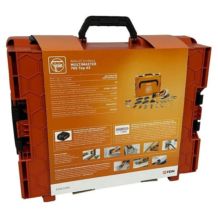 Fein AMPShare 18V Akku-Multifunktionswerkzeug MultiMaster AMM700 Max Top AS - 18 V, Ohne Akku, Leerlaufschwingzahl: 10.000 /min - 19.500 /min - Fein Akku-Multimaster 700 Top AS: Ein vielseitiges Akku-Multifunktionswerkzeug für Profis und Heimwerker mit umfangreichem Zubehör im praktischen Koffer.