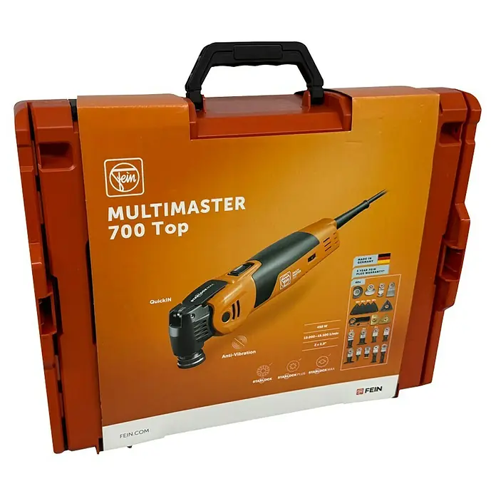 Fein MultiMaster Elektro-Multifunktionswerkzeug MULTIMASTER MM700 MAX TOP L-BOXX SET - 450 W, STARLOCK-Max-System - Bild des Fein Multimaster 700 Top im orangefarbenen Werkzeugkoffer. Ein vielseitiges Elektrowerkzeug für Profis und Heimwerker.