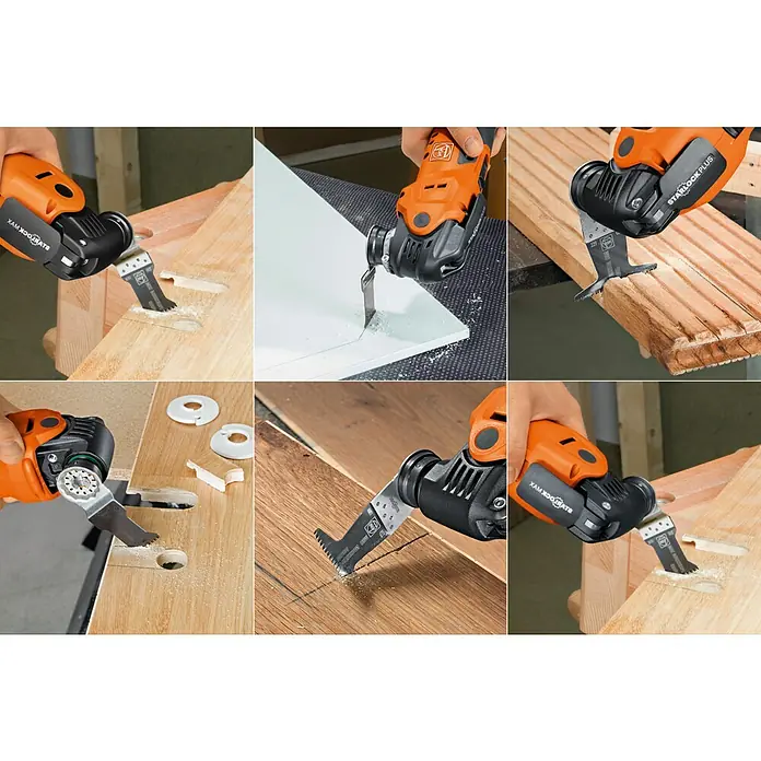 Fein Starlock Zubehör-Set E-Cut Combo Starlock Wood - 3 Stk., 3 -tlg. - Verschiedene Aufnahmen eines FEIN oszillierenden Multitools beim Schneiden verschiedener Materialien.