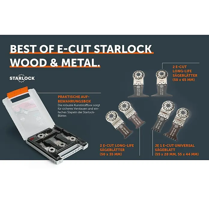 Fein Zubehör-Set Best of E-Cut Starlock Wood & Metal - 6 -tlg. - Produktabbildung des Starlock E-Cut Sägeblatt-Sets für Holz und Metall, inklusive praktischer Aufbewahrungsbox für die Sägeblätter.