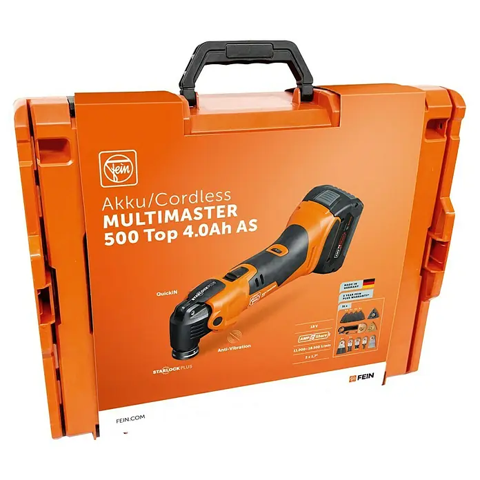 Fein AMPShare 18V Akku-Multifunktionswerkzeug MultiMaster AMM500 Plus Top 4AH AS - 18 V, 2 Akkus, 4 Ah, Leerlaufschwingzahl: 11.000 /min - 18.500 /min - Akku-Multitool von Fein im orangefarbenen Koffer. Das Multitool ist kabellos und hat einen 4.0Ah Akku. Ideal für diverse Anwendungen.