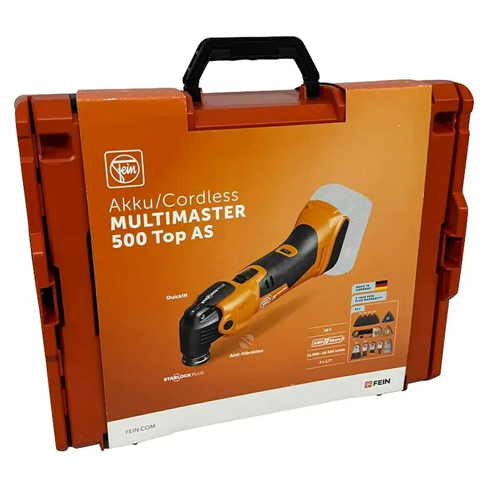 Fein AMPShare 18V Akku-Multifunktionswerkzeug MultiMaster AMM500 Plus Top AS - 18 V, Ohne Akku, Leerlaufschwingzahl: 11.000 /min - 18.500 /min - Abbildung eines Fein Akku/Cordless Multimaster 500 Top AS in einer orangefarbenen Werkzeugkiste, ideal für Profis und Heimwerker.