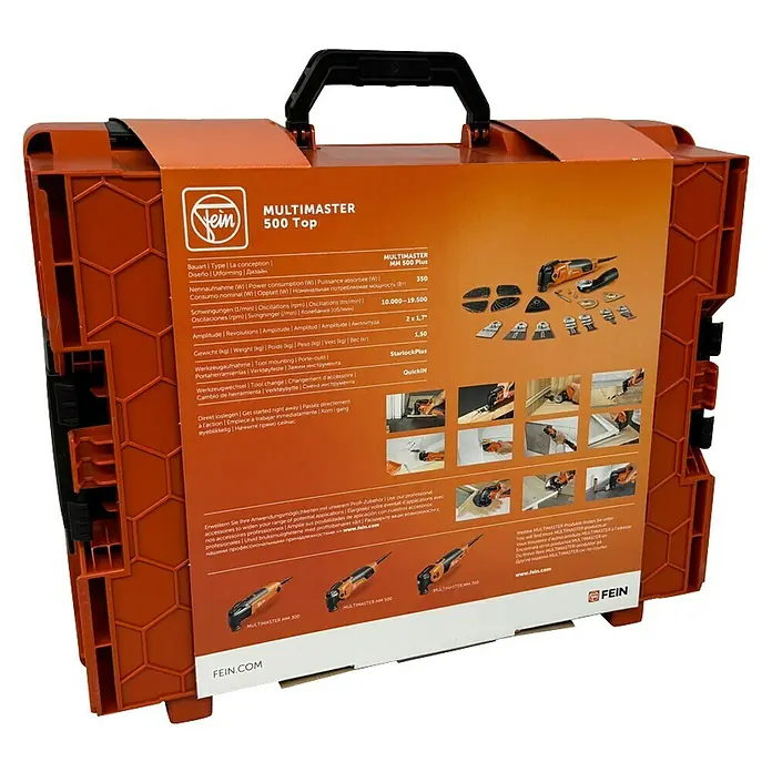 Fein MultiMaster Elektro-Multifunktionswerkzeug MultiMaster MM500 Plus TOP L-BOXX SET - 350 W, STARLOCK-Plus-System - Eine orangefarbene Werkzeugkiste mit der Aufschrift „Fein Multimaster 500 Top“, die verschiedene Werkzeuge und Zubehörteile zeigt.