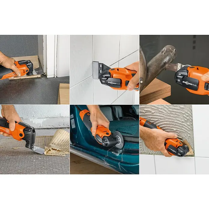 Fein AMPShare 18V Akku-Multifunktionswerkzeug MultiMaster AMM700 Max Top AS - 18 V, Ohne Akku, Leerlaufschwingzahl: 10.000 /min - 19.500 /min - Verschiedene Anwendungen des FEIN Oszillierers, einem vielseitigen Elektrowerkzeug, das für präzise Schnitte und Schleifarbeiten geeignet ist.