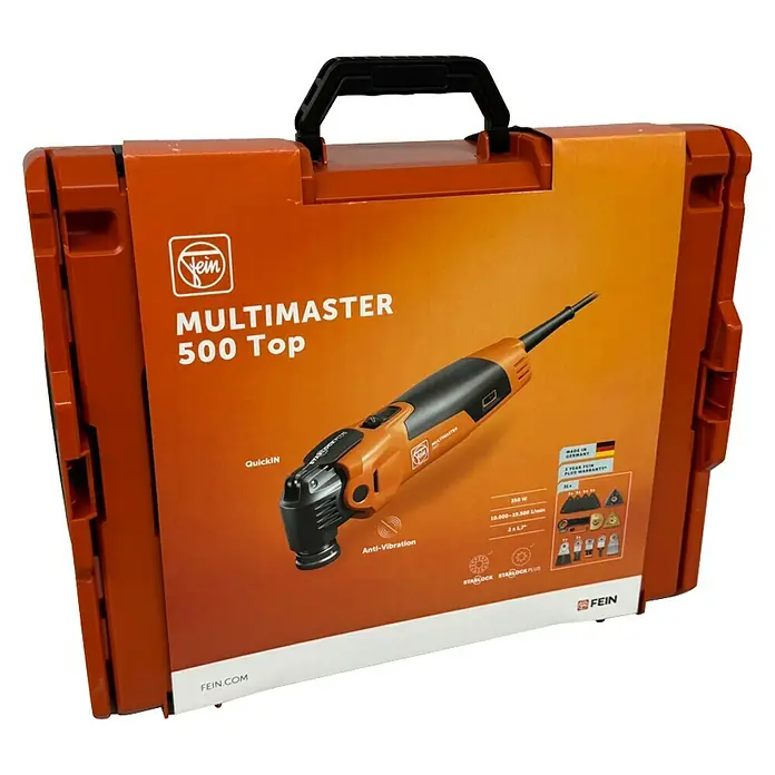 Fein MultiMaster Elektro-Multifunktionswerkzeug MultiMaster MM500 Plus TOP L-BOXX SET - 350 W, STARLOCK-Plus-System - Ein orangefarbener Fein Multimaster 500 Top in einem Werkzeugkoffer, ideal für Profis und Heimwerker.