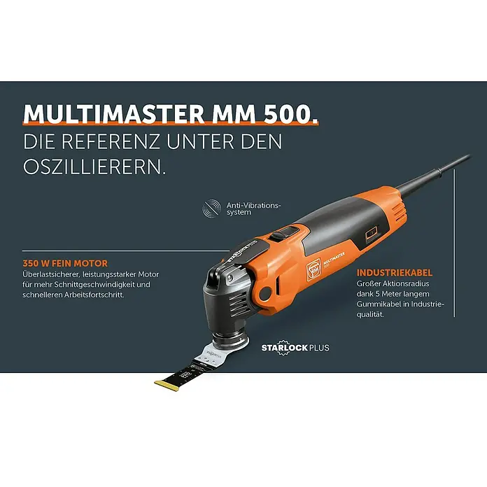 Fein MultiMaster Elektro-Multifunktionswerkzeug MultiMaster MM500 Plus TOP L-BOXX SET - 350 W, STARLOCK-Plus-System - Das Bild zeigt den Multimaster MM 500, ein oszillierendes Elektrowerkzeug mit starkem Motor und Anti-Vibrationssystem für präzise Arbeiten.