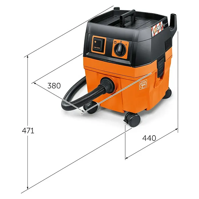 Fein Elektro-Nass- & Trockensauger Dustex 25 l - 1.200 W, Behältervolumen: 22 l - Abbildung eines Industriesaugers von Fein mit Größenangaben. Der Nass- und Trockensauger ist orange und schwarz.