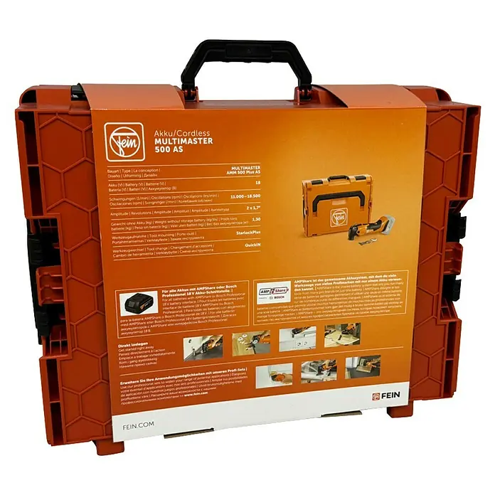 Fein AMPShare 18V Multiherramienta de batería AMM 500 Plus AS - 18 V, Sin batería, Número de oscilaciones marcha en vacío: 11.000 /min - 18.500 /min - FEIN Akku/Cordless Multimaster 500 AS: La herramienta multifunción inalámbrica versátil para profesionales, con una amplia gama de aplicaciones.