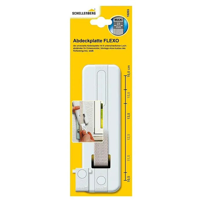 Schellenberg Abdeckplatte Flexo - B x H: 64 x 203 mm, Lochabstand: 105 mm - 160 mm, Gurtbreite: 23 mm - Abdeckplatte FLEXO: Die universelle, weiße Abdeckplatte mit 6 Lochabständen für Einlasswickler ermöglicht die Montage ohne Ausbau des Rollladengurtes.