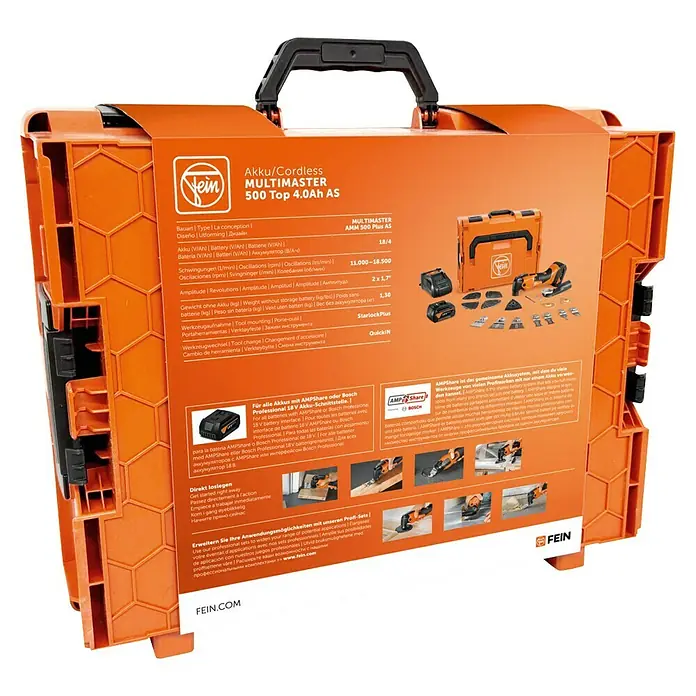Fein AMPShare 18V Akku-Multifunktionswerkzeug MultiMaster AMM500 Plus Top 4AH AS - 18 V, 2 Akkus, 4 Ah, Leerlaufschwingzahl: 11.000 /min - 18.500 /min - Produktbox des Akku/Cordless Multimaster 500 Top 4.0Ah AS von Fein, ein vielseitiges Elektrowerkzeug für Profis und Heimwerker.