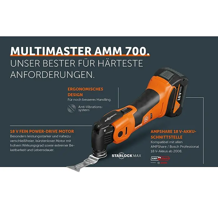 Fein AMPShare 18V Akku-Multifunktionswerkzeug MultiMaster AMM700 Max Top AS - 18 V, Ohne Akku, Leerlaufschwingzahl: 10.000 /min - 19.500 /min - Multimaster AMM 700: Das vielseitige oszillierende Elektrowerkzeug für anspruchsvolle Aufgaben. Leistungsstark und langlebig für Profis.