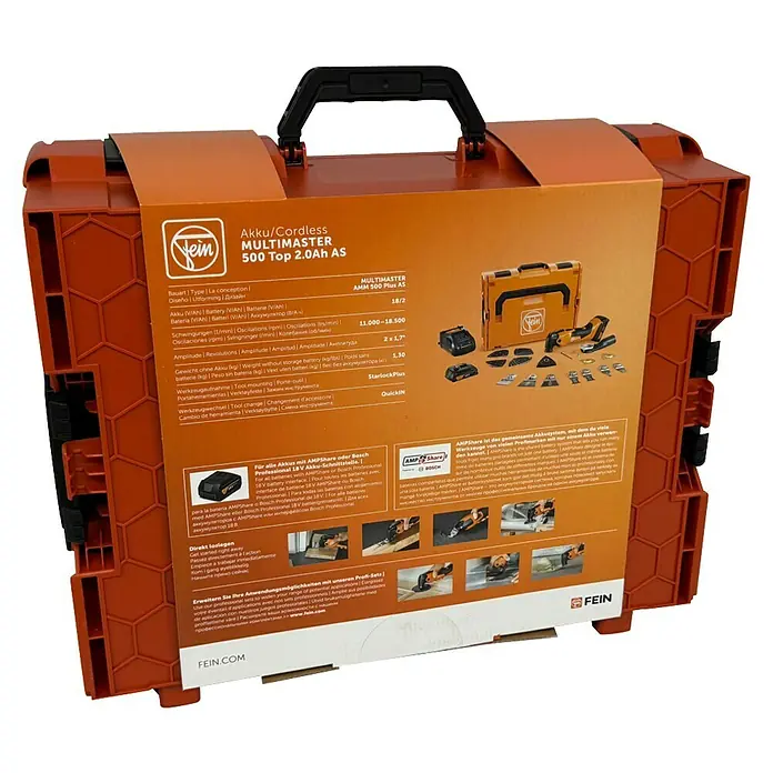 Fein AMPShare 18V Akku-Multifunktionswerkzeug MultiMaster AMM500 Plus Top 2AH AS - 18 V, 2 Akkus, 2 Ah, Leerlaufschwingzahl: 11.000 /min - 18.500 /min - Akku/Cordless Multimaster 500 Top 2.0Ah AS: Ein vielseitiges Werkzeug für Profis und Heimwerker, ideal für unterschiedlichste Anwendungen.