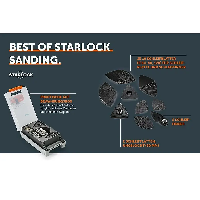 Fein Starlock Zubehör-Set Best of Starlock Sanding - 63 -tlg. - Das Bild zeigt ein StarLock Schleifset mit Schleifblättern, Schleifplatten, Schleiffinger und einer praktischen Aufbewahrungsbox.