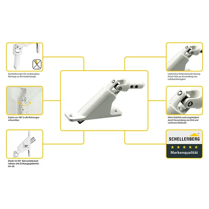 Schellenberg Gelenklagerplatte - Schwenkbereich: 90 °, Lochabstand: 73 mm, B x H: 23 x 85 mm - Produktdarstellung: Der Schellenberg Universal-Gelenklager ermöglicht eine flexible und stabile Montage für Rollladenkurbeln, dank hochwertiger Materialien.