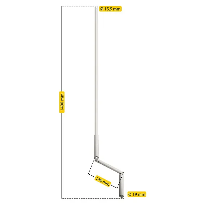 Schellenberg Kurbelstange - Ø x L: 15 mm x 140 cm, Weiß - Abbildung eines weißen Fenstergriffs mit den Maßen 1400 mm Höhe, 140 mm Länge und Durchmessern von 15,5 mm und 19 mm.