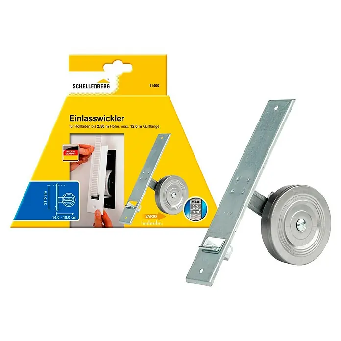 Schellenberg Einlasswickler - 244 x 50 x 140 mm, Lochabstand: 215 mm, Geeignet für: Rollladen-Maxi-Systeme - Bild eines Schellenberg Einlasswicklers, einem Aufrollmechanismus für Rollläden. Das Produkt ist in einer gelben Verpackung dargestellt.