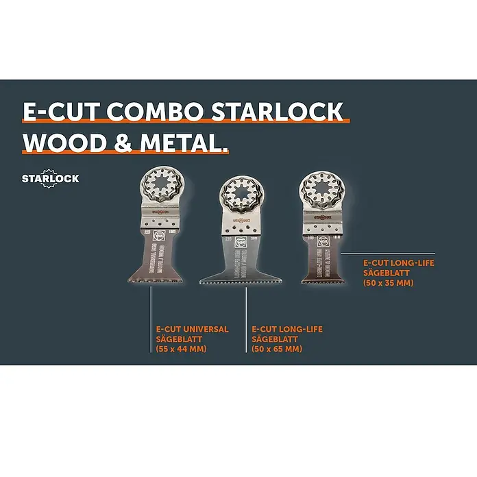 Fein Zubehör-Set E-Cut Combo Starlock Wood & Metal - 3 -tlg. - Das Bild zeigt das E-Cut Combo Starlock-Sägeblattset für Holz und Metall.