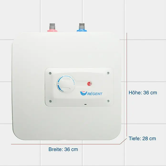Regent Kleinspeicher 10U - 10 l, 2 kW, Temperaturbereich: 78 °C - Weißer Untertisch-Warmwasserspeicher von Regent mit Temperaturregler und den Maßen 36x36x28 cm.