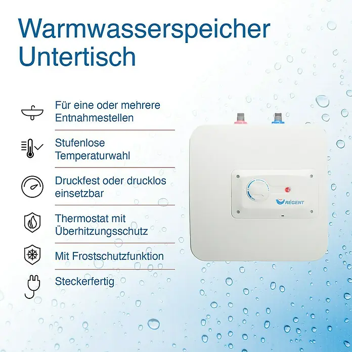 Regent Kleinspeicher 10U - 10 l, 2 kW, Temperaturbereich: 78 °C - Warmwasserspeicher Untertisch: Der Untertisch-Warmwasserspeicher bietet flexible Entnahmestellen, stufenlose Temperaturwahl und Frostschutz.