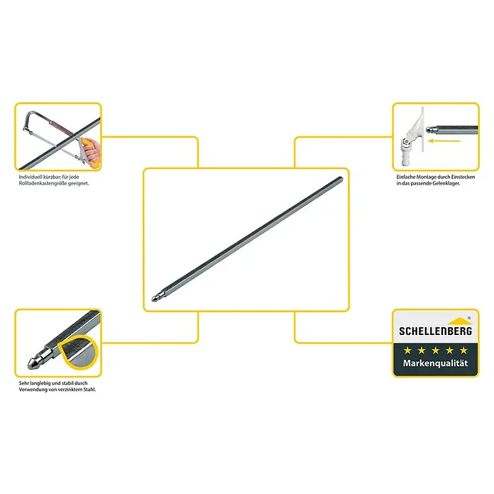 Schellenberg Vierkantstift - L x B: 330 x 6 mm, Geeignet für: Kurbelbetriebene Rollläden - Produktbild eines Schellenberg Gelenklager-Verbindungsstücks, das robust und langlebig durch verzinkten Stahl ist.