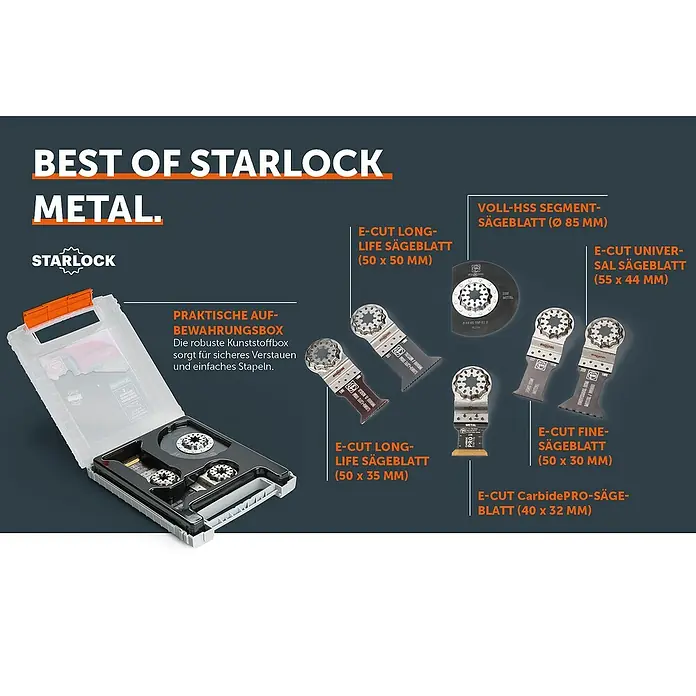 Fein Starlock Zubehör-Set Best of Starlock Metal - 6 Stk., 6 -tlg. - Starlock Metall-Sägeblätter-Set in Aufbewahrungsbox. Das Set enthält verschiedene Sägeblätter für Metallschnitte in diversen Größen.