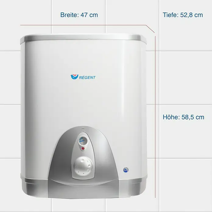 Regent Warmwasserspeicher 50 QB - 50 l, Temperaturbereich: 80 °C, Wandmontage - Regent Warmwasserspeicher mit den Maßen: Breite 47 cm, Tiefe 52,8 cm und Höhe 58,5 cm.