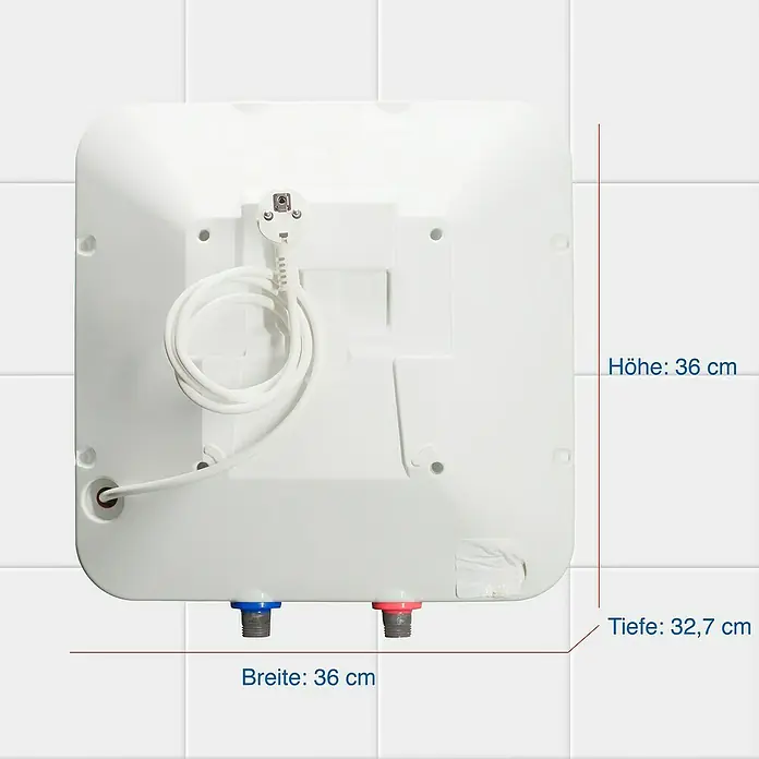 Regent Kleinspeicher 15 - 15 l, 2 kW, Temperaturbereich: 74 °C - Rückansicht eines wandmontierten elektrischen Warmwasserbereiters mit Maßangaben.