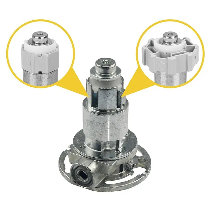 Schellenberg Winkelgetriebe - Geeignet für: Rollladen-Maxi/Mini-Systeme, Durchmesser: 75 mm - Abbildung eines Drehschalters, der verschiedene Konfigurationen mit oder ohne seitliche Laschen zeigt.