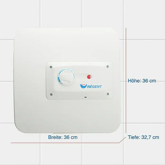 Regent Kleinspeicher 15 - 15 l, 2 kW, Temperaturbereich: 74 °C - Nahaufnahme eines Regént-Warmwasserbereiters mit Größenangaben auf hellem Hintergrund.