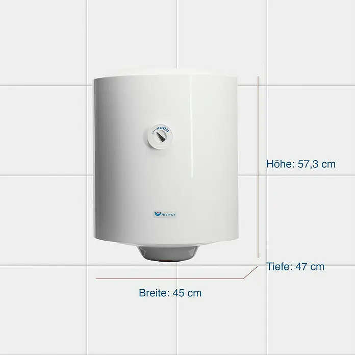 Regent Warmwasserspeicher 50 VR PL EU2 - 50 l, 1,5 kW, Temperaturbereich: 75 °C, Wandmontage - Produktabbildung: Ein weißer Warmwasserspeicher mit den Maßen 57,3 cm Höhe, 47 cm Tiefe und 45 cm Breite.