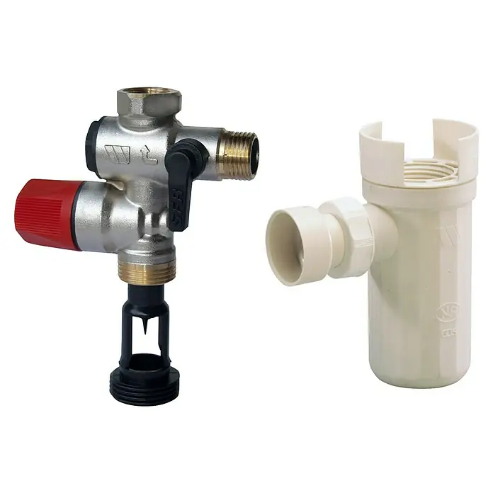 Sicherheitsgruppe - 5,25 x 10,6 x 14,1 cm, Ohne Druckminderer - Produktabbildung einer Ventilkombination und eines Siphons.