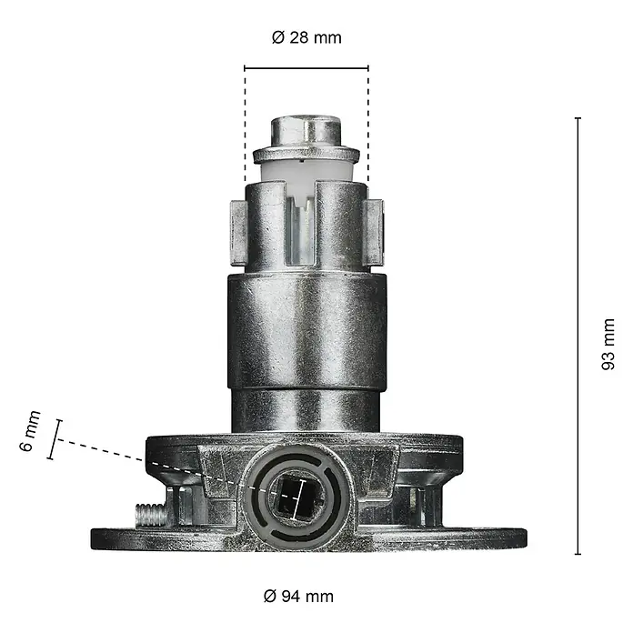 Schellenberg Winkelgetriebe - Geeignet für: Rollladen-Maxi/Mini-Systeme, Durchmesser: 94 mm - Produktbild eines Sanitärventils mit Maßangaben. Durchmesser oben 28 mm, Gesamthöhe 93 mm und Basisdurchmesser 94 mm, seitliche Höhe 6mm.