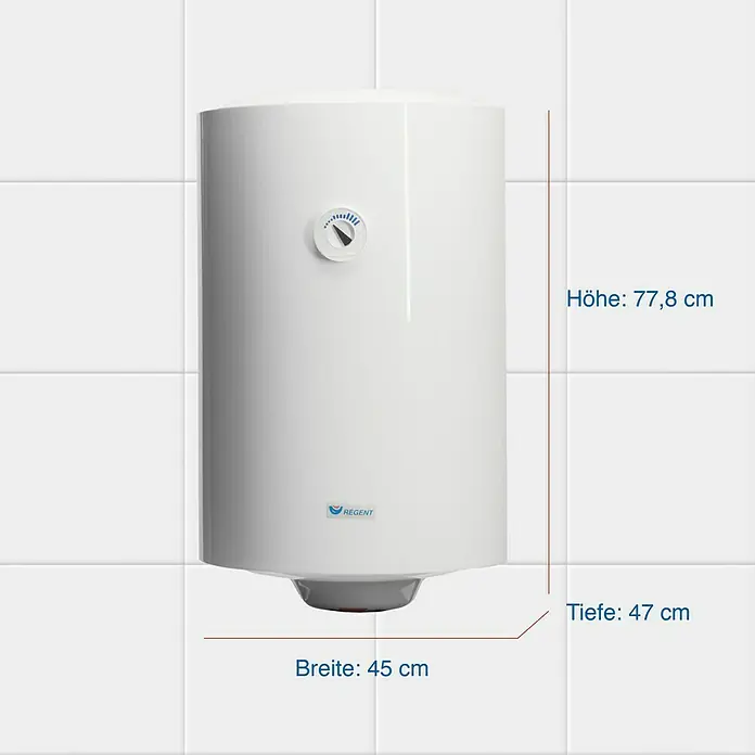 Regent Warmwasserspeicher 80 VR PL EU2 - 80 l, 1,5 kW, Temperaturbereich: 75 °C, Wandmontage - Abbildung eines Regent Warmwasserspeichers mit den Maßen Höhe: 77,8 cm, Breite: 45 cm und Tiefe: 47 cm.